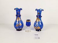 Front view of both vases and cordial glass showing size, design and condition