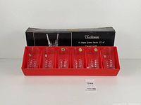 Full set of six glasses in red tray with outer box visible