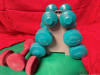 Front view of stand loaded with teal dumbbells and two red dumbbells nearby