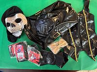 All costume pieces laid out on green background