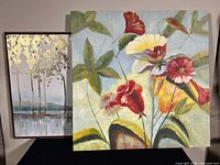 Both prints side by side, square floral and rectangular tree landscape