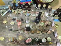 Overhead shot of all 32 miniature bottles arranged on table
