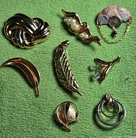 Group shot of all eight gold-tone brooches on green background