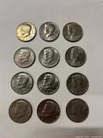 All 12 coins laid out in four rows of three