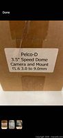 Box label reading "Pelco-D 3.5" Speed Dome Camera and Mount f1.6 3.0 to 9.0 mm"