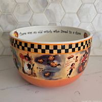 Side view of Bethany Lowe ceramic Halloween bowl showing vintage graphics and checker rim