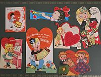 Eight assorted valentines with musical, romantic and child themes