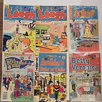 Six comics including Laugh, Laugh, Pep, Archie at Riverdale High, Archie's Pals 'n' Gals, Betty and Veronica