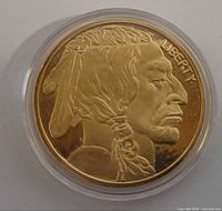 Obverse of gold-tone round in capsule showing Native American profile and LIBERTY