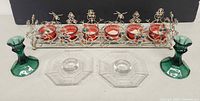 Full set showing tray with red cups, green candlesticks, clear holders