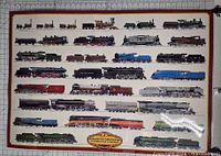 entire poster showing all locomotive illustrations and title cartouche