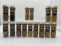 All 16 Young’s spice bottles grouped front view