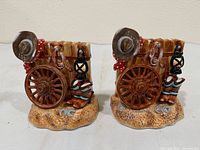 Front view of pair of Fitz & Floyd Lantana wagon bookends