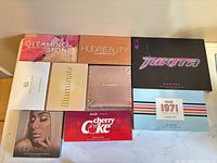 Nine boxed palettes laid out on countertop