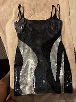 Full front view of black and silver sequin mini dress