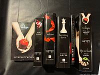 Front view of all six Twilight Saga hardcovers standing upright showing titles and cover art