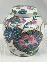 Full view of ginger jar showing lotus and egret design