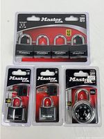 Overview of all sealed Master Lock packages: four-pack 141Q, two 131D singles, one 1500D combo