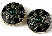 Front view showing both octagonal earrings, enamel, crystals