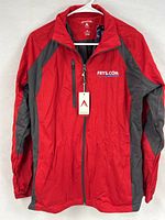 Front view of red and gray Antigua Fry’s.com Open jacket on hanger