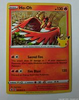 Front view of Ho-Oh holo Pokémon card 001/025 showing artwork, attacks, set number and anniversary stamp
