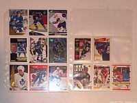 Fronts of 21 hockey cards arranged in plastic sleeves