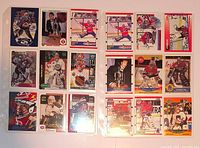 Front view of eighteen Patrick Roy hockey cards in two binder pages