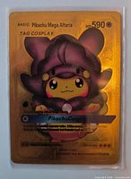 Front view of gold foil Pikachu Mega Altaria TAG COSPLAY card