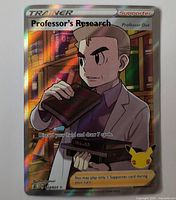 Front view of Professor's Research full-art holo card showing artwork, card number and condition