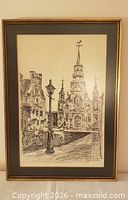 Front view of framed pen & ink drawing showing image, mat, frame