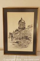 Front view of framed pen & ink drawing with mat and frame