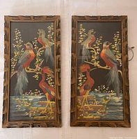 Front view of both framed feathercraft pictures showing bird imagery and carved frames