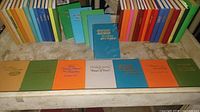 Front row of assorted titles laid flat showing cover titles and colors