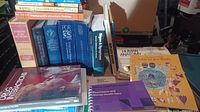 Group of medical and nursing books including PDR volumes, Drug Interactions guide, spiral Nursing Care Guide, Atlas of the Body, Human Anatomy and others