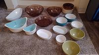 Group shot of all Pyrex bowls, baking dishes and casserole