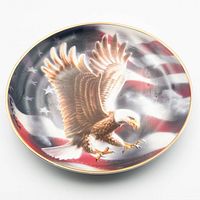 Front view of porcelain plate showing bald eagle and flag design with gold rim
