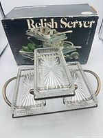 Boxed relish server set showing glass trays on stand