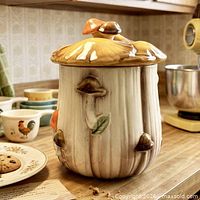 Cookie jar on countertop showing overall form and relief details