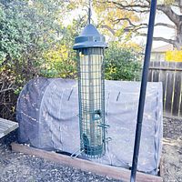 Full view of hanging tube bird feeder showing metal cage, clear reservoir, green top and base