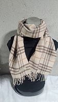 Scarf draped on mannequin showing pattern, label, fringe