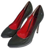 Side angle of both pumps showing exterior patent leather, heel shape and platform