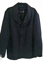Front view of black mid-length coat showing buttons and collar