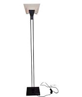 Full view of torchiere lamp showing height, twin stem, marble base, cord and foot switch