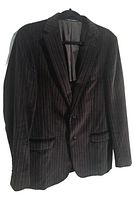 Front view showing pinstripe pattern, pockets, two-button closure