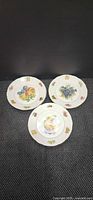 Three fruit motif plates front view showing designs and gold trim