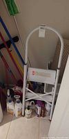 Closet view with 2-step stool, cleaner bottles at base