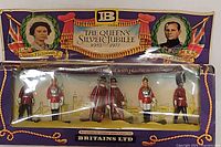 Front view of boxed Britains Queen's Silver Jubilee set showing five figures and graphics