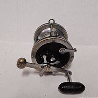Front view of Penn Senator reel showing handle, star drag and frame