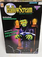 Front of retail box showing HallowScream Animated Frankenstein graphics and features