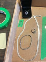 Overview of all jewellery items in tray: necklace, ring, bracelet, pendant in box